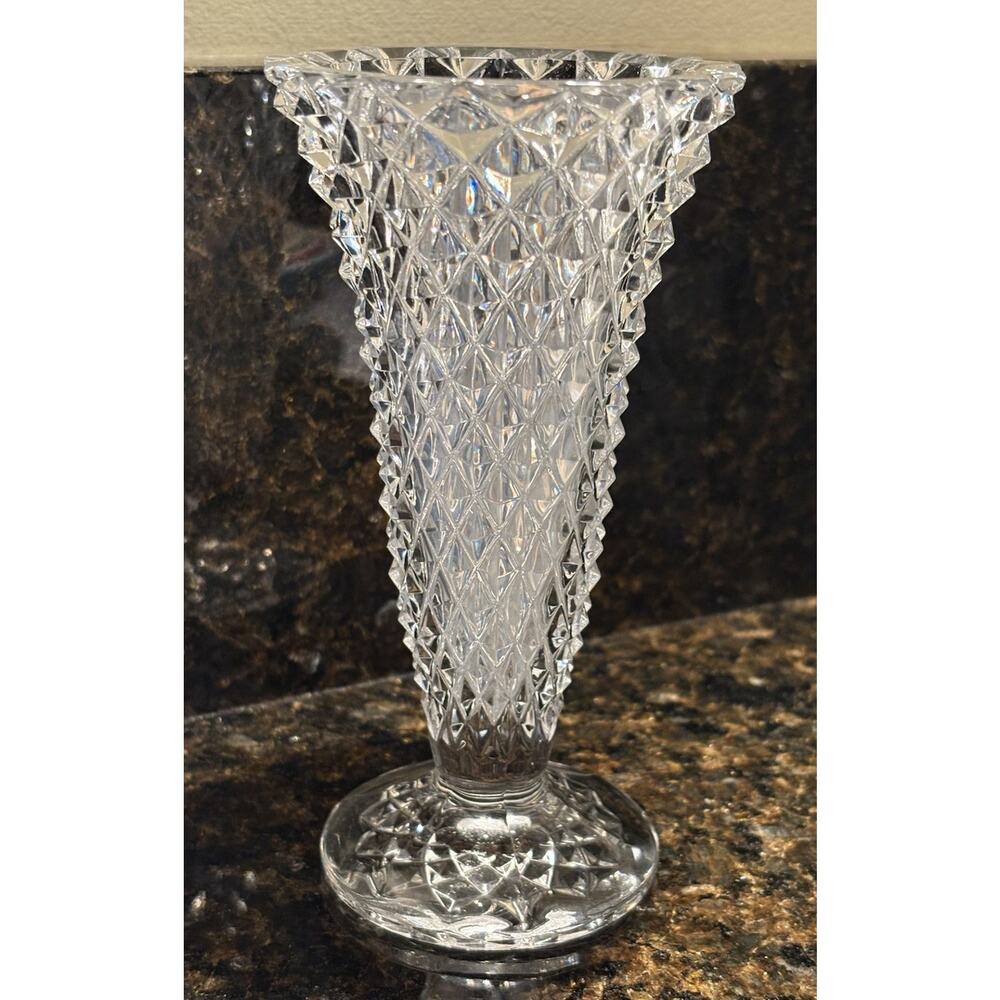 Vintage Diamond Point Vase Trumpet Glass 6.25"